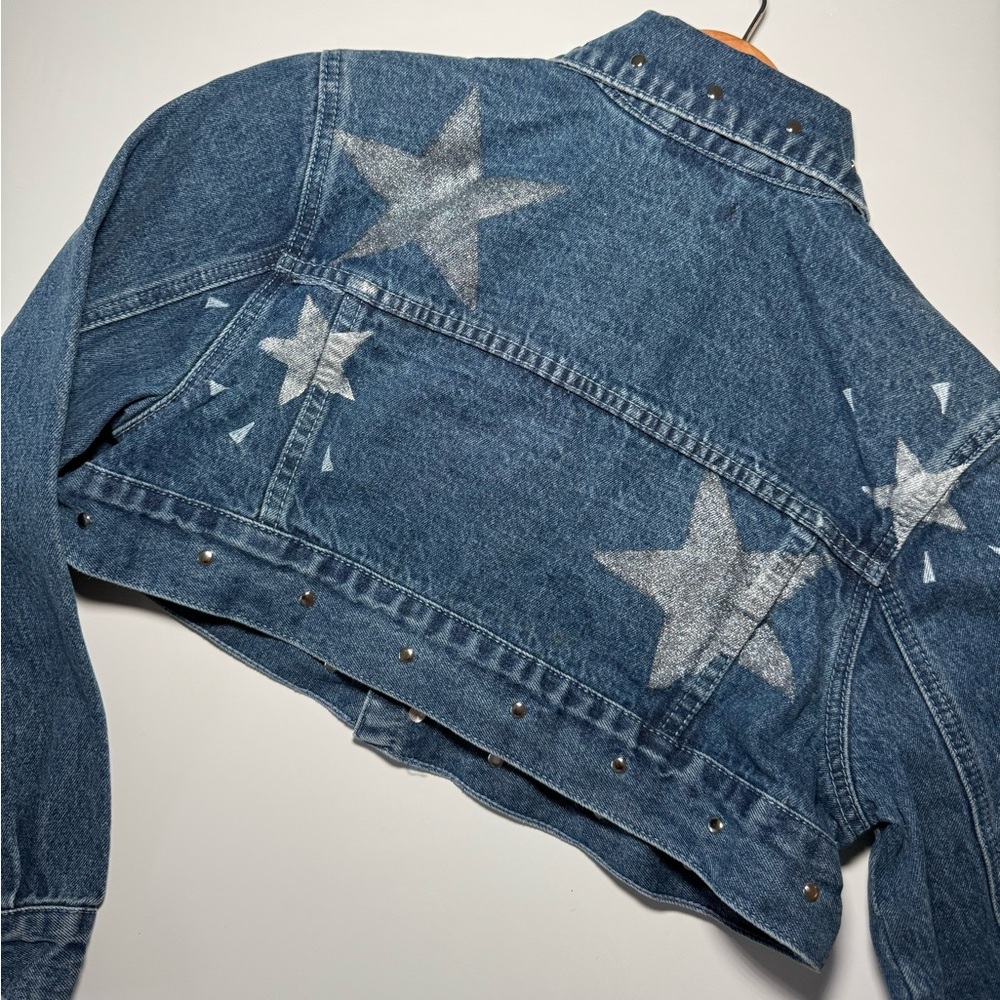 Navy blue Studded short denim jacket with stars. Handcrafted and handmade jacket
